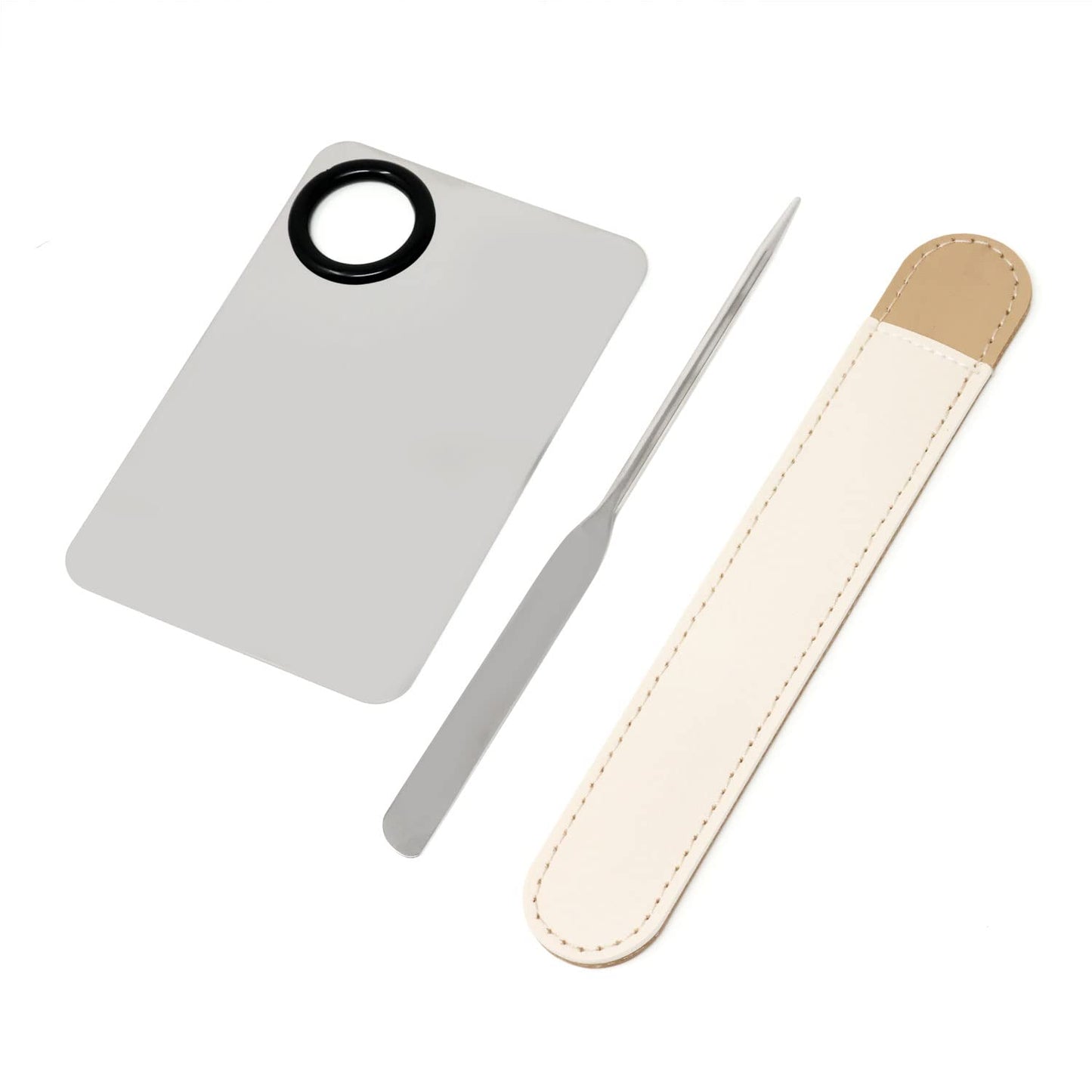 Honbay 1PCS Stainless Steel Makeup Spatula and 1PCS Makeup Mixing Palette with PU Leather Cover for Cosmetic Foundation Pigment Blending