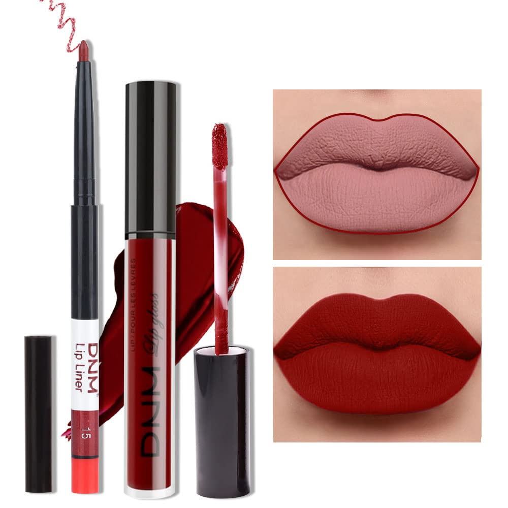 evpct 2Pcs Dark Red Maroon Matte Lipstick and Lip Liner Makeup Set for Women Dark Blood Red Liquid Matte Brown Lipstick Lip Liner Stain Long Lasting Waterproof Permanent Lipsticks 24 hours 15#