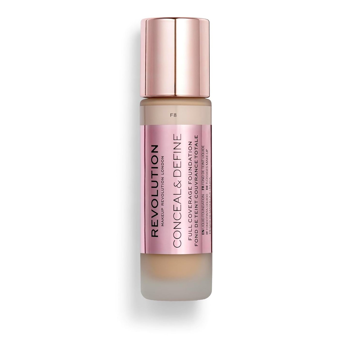 Revolution Beauty, Conceal & Define Foundation, Full Coverage, Long-Lasting Matte Finish, Vegan & Cruelty Free, F8 Light to Medium Skin Tones, 0.8 Fl.Oz.
