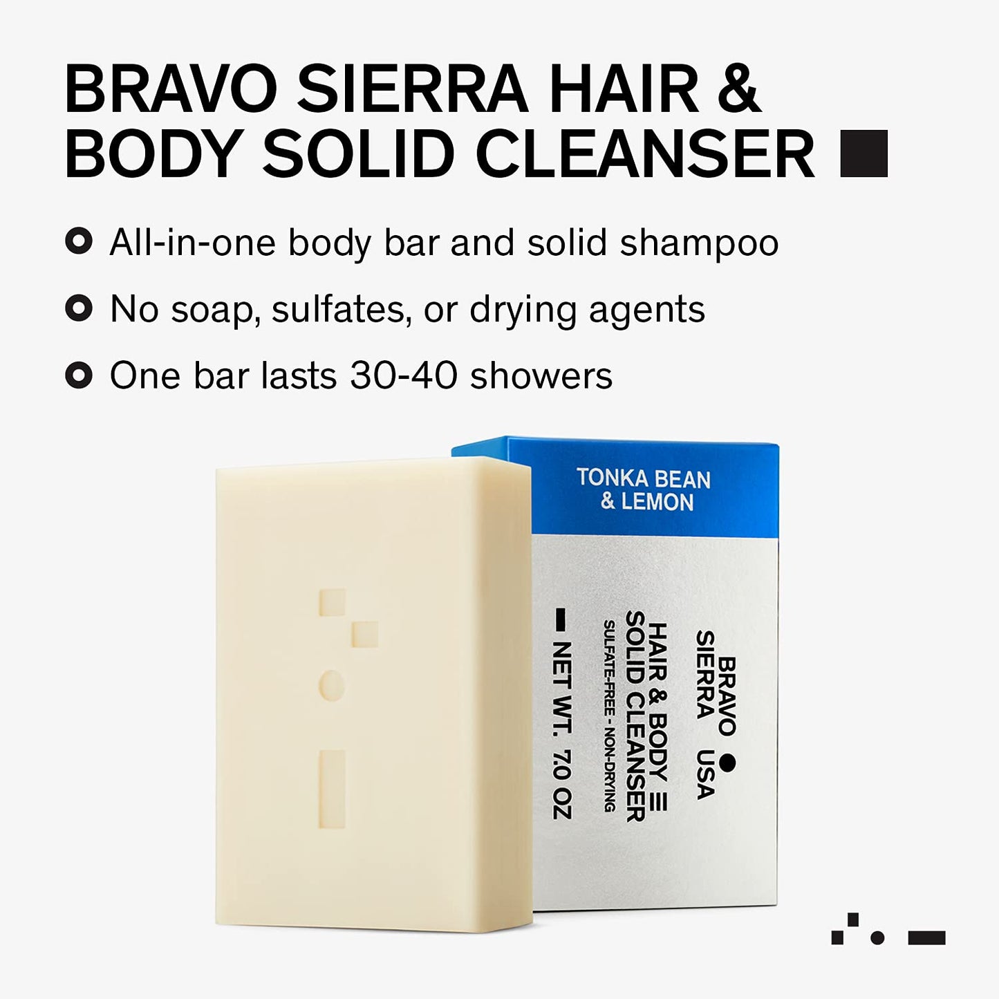Bravo Sierra Body and Hair Mens Soap Bar, 2-Pack - All-In-One Shampoo & Soap for Face, Hair & Body - Tonka Bean & Lemon, 7 oz - Coconut, Shea Butter & Oat Flour for Soft Skin & Healthy Hair