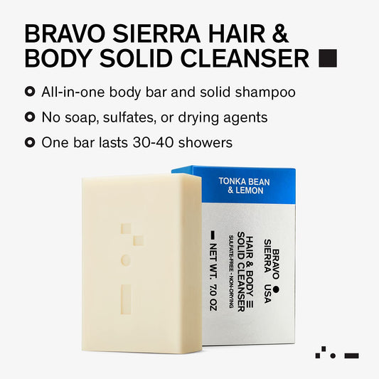 Bravo Sierra Body and Hair Mens Soap Bar, 2-Pack - All-In-One Shampoo & Soap for Face, Hair & Body - Tonka Bean & Lemon, 7 oz - Coconut, Shea Butter & Oat Flour for Soft Skin & Healthy Hair