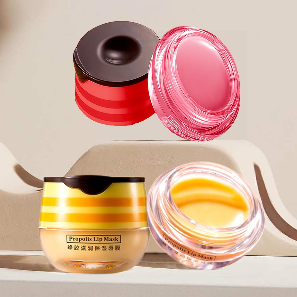 2 Pcs Lip Balm Honey Pot,Honey & Strawberry Lip Mask Propolis Moisturizing Lip Balm with Stick,Prevention Dry and Cracked Lip Scrubs,Exfoliator Lip Wrinkle Skin Care Products