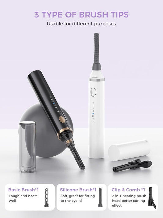 Smiling Shark Heated Eyelash Curler, 2025 New 360°Wand-Style Heated Lash Brush Rechargeable with 3 Brush Heads & 3 Temp 【Lengthen/Define/Curler】 3-in-1 Lash Curler for All Types of Lashes, White