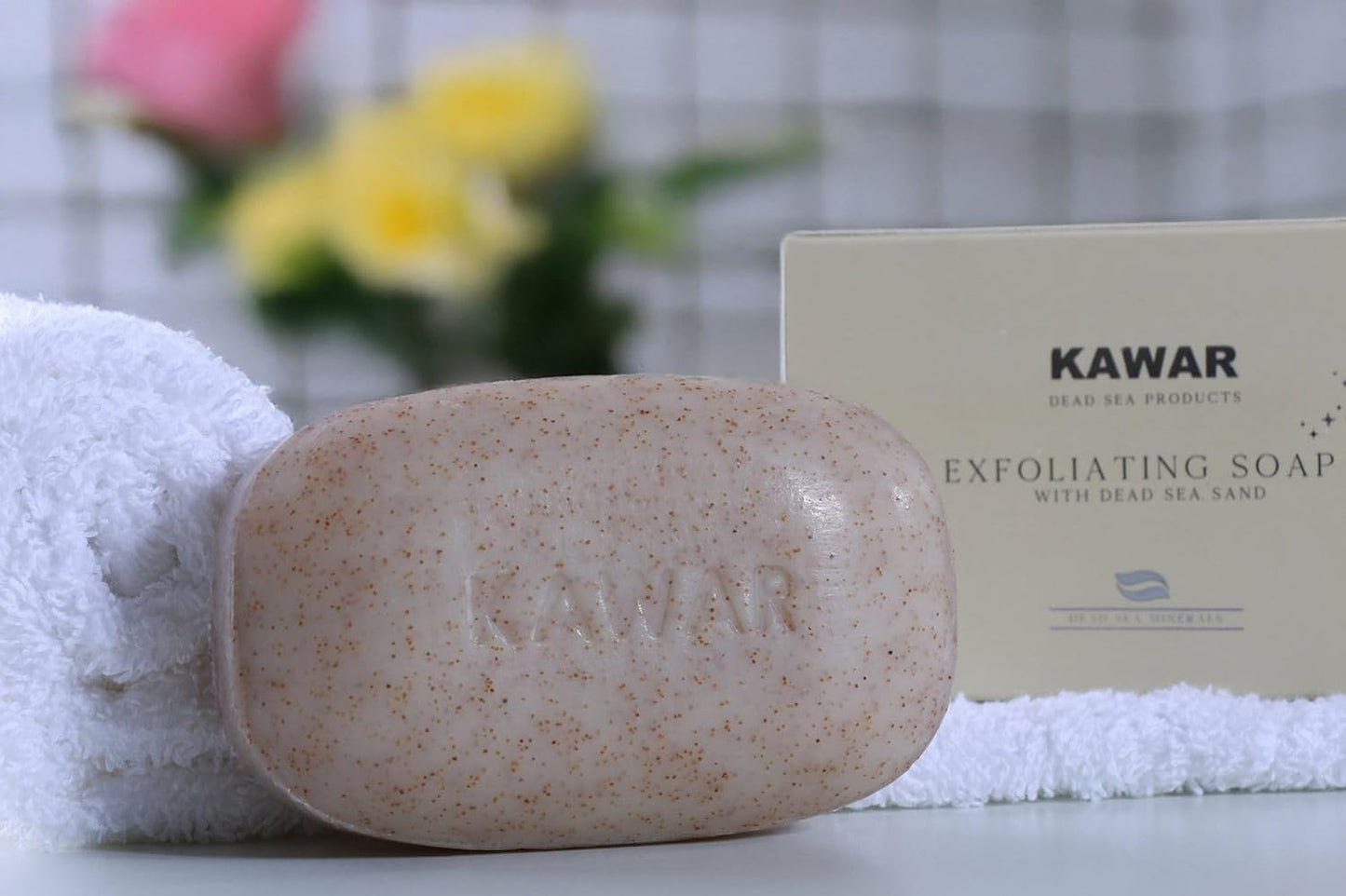 KAWAR Dead Sea Exfoliating Soap with Dead Sea Sand - Salicylic Acid, Magnesium Chloride, Shea Butter, Olive Oil & Tea Tree - Vegan Soap Bar for Men & Women, 4.2 oz