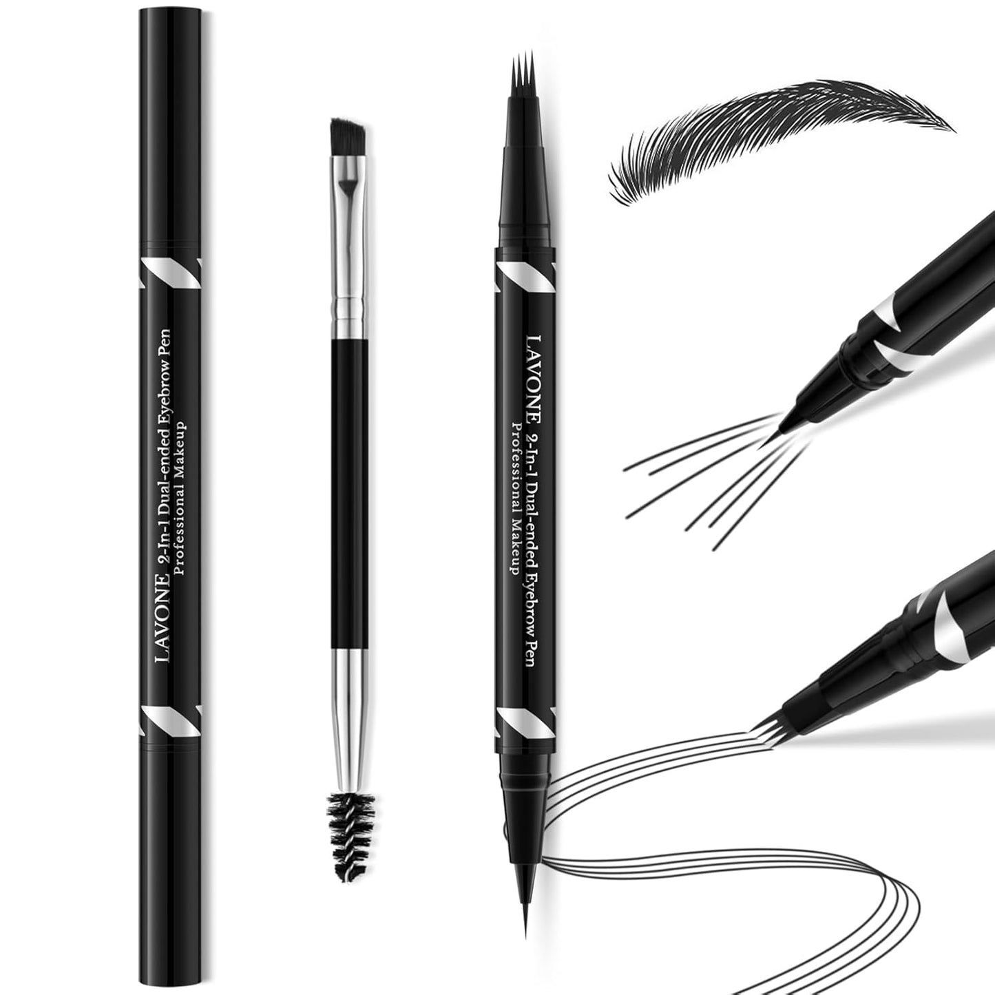 LAVONE Eyebrow Pen,2-IN-1 Dual-ended Waterproof Eyebrow Pencil,with 4 Tip Microblading Eyebrow Pen and Ultra-Precise Brow Pencil,Dual-ended Eyebrow Brush,Eyebrows Makeup for Natural Looking-Black