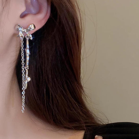 Vintage Bow Crystal Drop Earrings Silver Bar Dangle Earrings Long Crystal Bow Chain Earrings Cz Tassel Chain Earrings Jewelry for Women