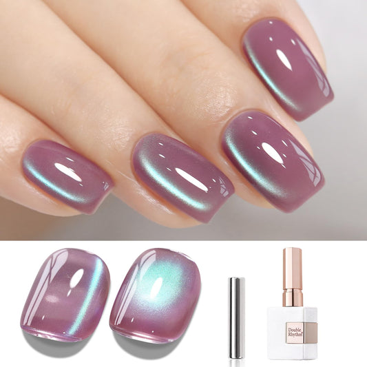Double Rhythm 15ML Ice Glass Cat Eye Gel Polish with Magnet Holographic Glitter Shimmer Translucent Sheer Color Salon Soak Off Magnetic Nail at Home (Plum Purple-MC1130)