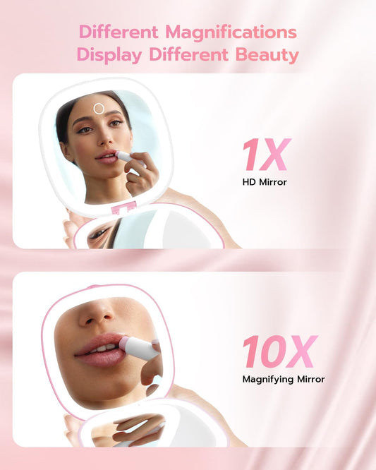Benbilry 3.9" Rechargeable Compact Makeup Mirror with 3 Light Colors and Magnification 1X / 10X, Double Light Strip Dimmable Small LED Travel Mirror for Purse, Pink