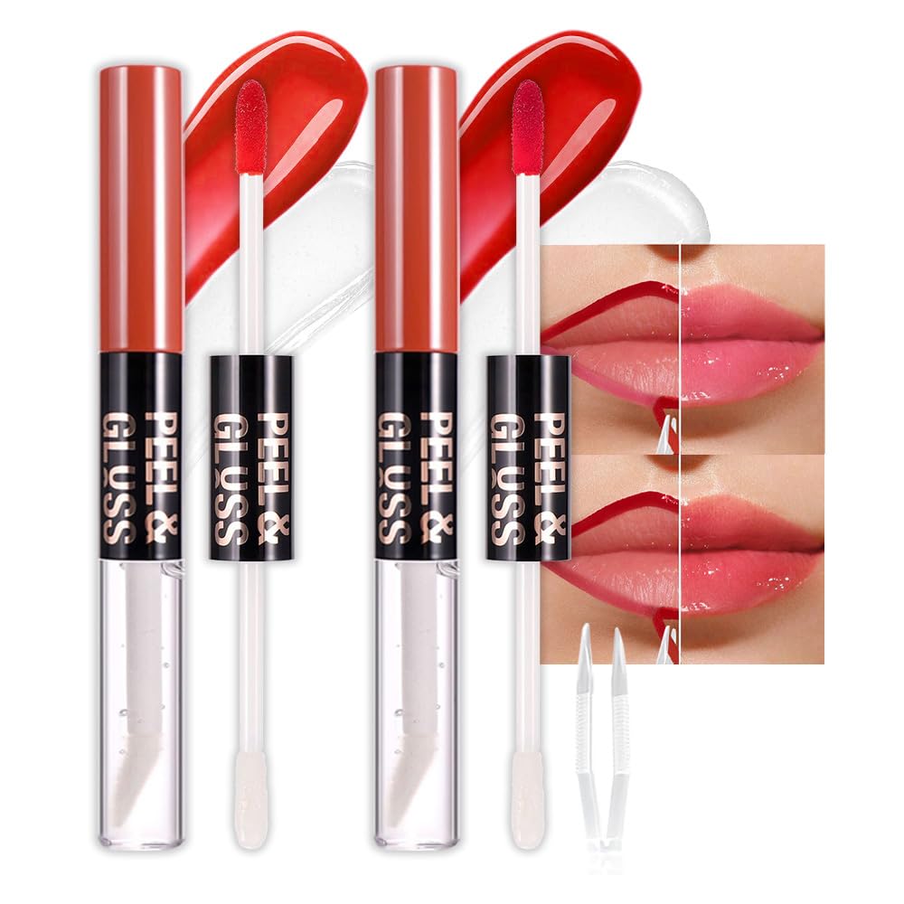 2Pcs Liquid Lip Stain Peel Off Lip liner and Lip oil with Tweezer, Dual-Ended Peel Off Lip Stain Tattoo, Highly Pigmented Long Lasting Waterproof, Transfer-proof for All Skin Types, 02#+04#