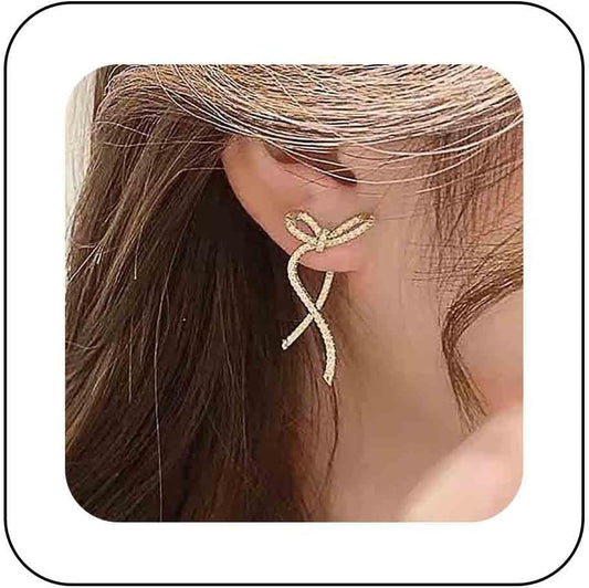 Vintage Crystal Bow Earrings Rhinestone Bow Drop Earrings Long Cz Rhinestone Earrings Gold Bow Cz Stud Earrings Jewelry for Women