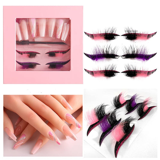 HBZGTLAD 3 in1 color eyeline Press On Nail with Eyelash Packing Boxes Set Package Pink White DIY Lashes and Nail Suit Box 1set… (SET-52)
