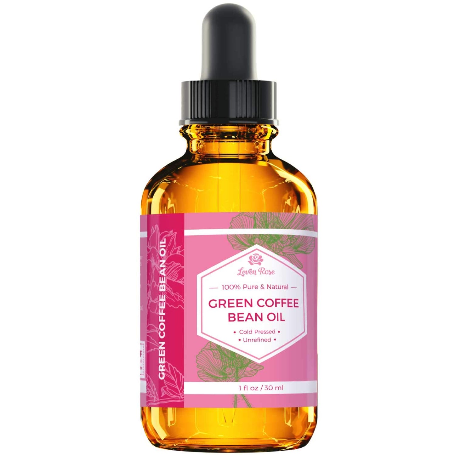 Leven Rose Green Coffee Bean Oil 100% Natural Pure Cold Pressed Unrefined Coffeebean Oil For Around Eyes, Face, Nails, Skin, And Hair- 1 oz Bottle (1 ounce)