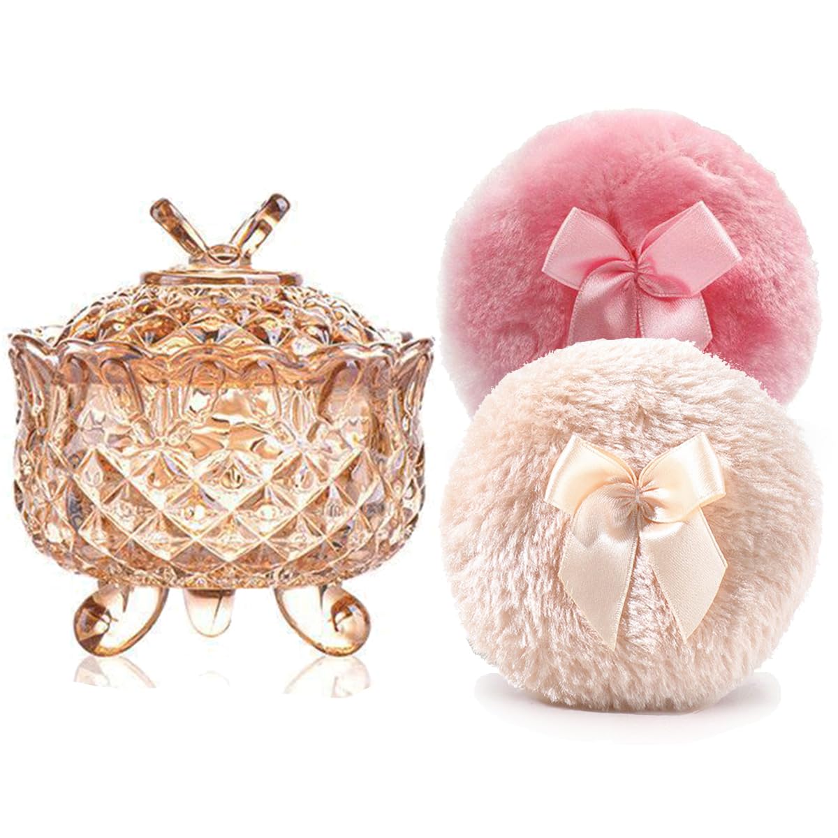 Luxury 4 Inch Glass Powder Container with 2 Soft 3.5" Puffs｜Non-Sealed Refillable puff Jar｜ Loose Powder Storage(Butterfly-Amberl)