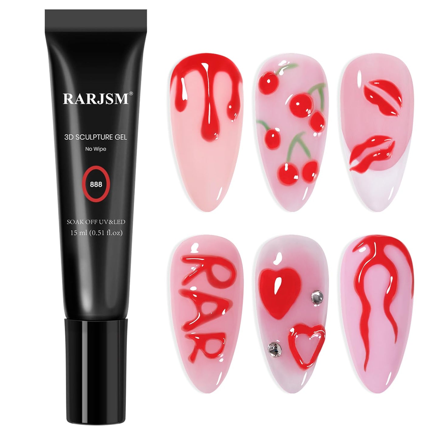 RARJSM 3D Sculpture Gel Polish for Nail Art - No Wipe Red 2 in 1 Gem Rhinestone Glue Drawing Hard Craving Sculpting Gel UV LED Curing Requires Soft Tube DIY Decoration Manicure Design