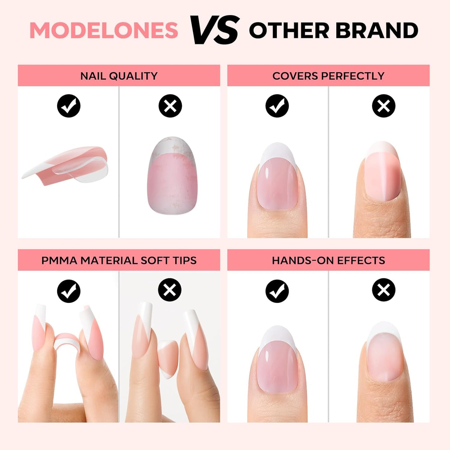 modelones French Tip Press on Nails, 150Pcs Short Almond Fake Nails with Nail Box, Pink Gel Nail Tips for Women, Soft Glue-On Nails for Natural Salon Look, DIY Nail Art Kit (15 Sizes)