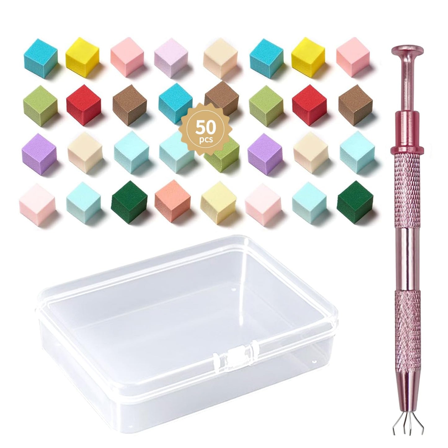 Nail Sponges Set for Ombre Gel,Nail Art Tools Set-50Pcs colorful Nail Sponges With pink Grabbing Pen Transparent Plastic Storage Box Used to Store Nail Art Tools