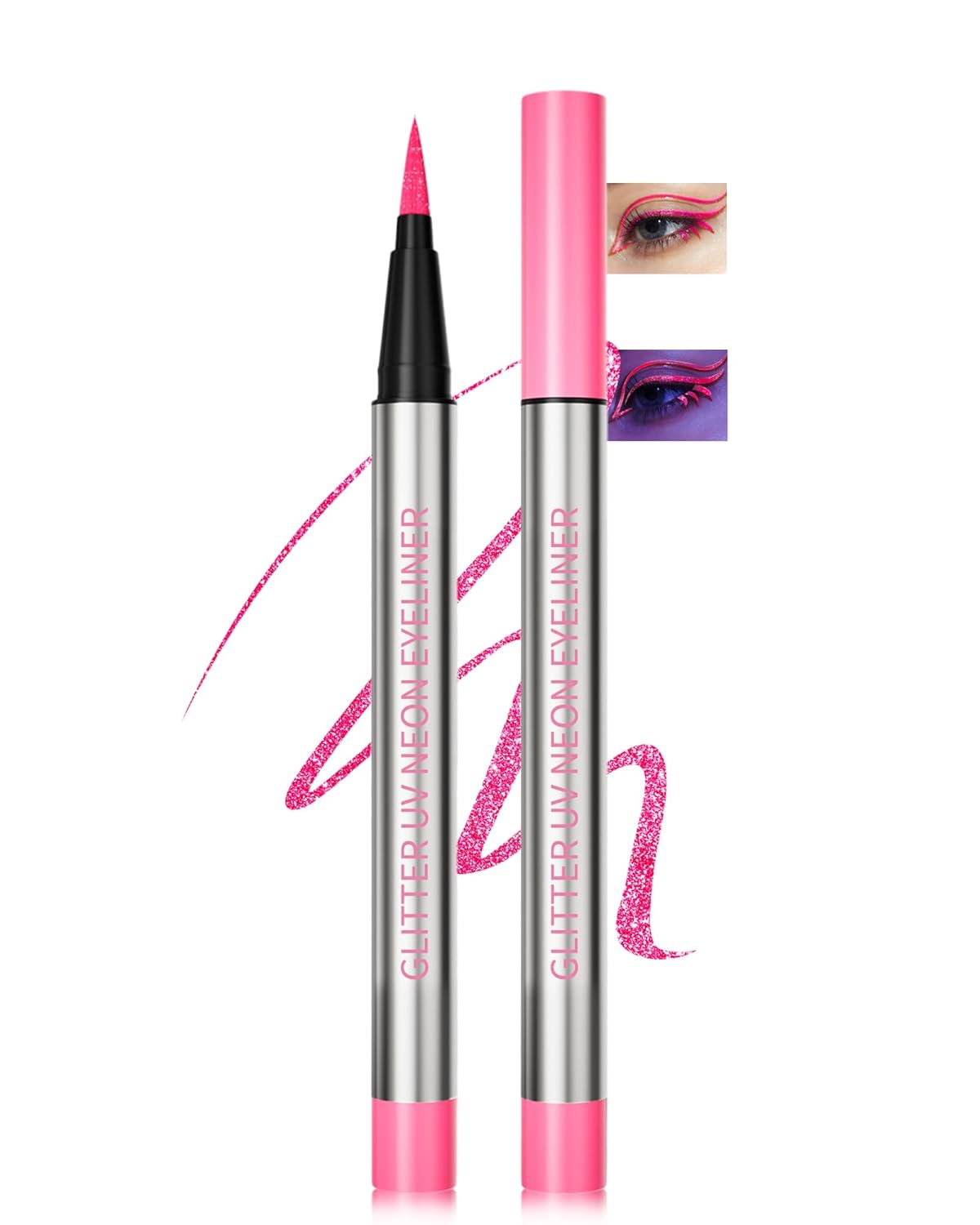 Glitter UV Neon Eyeliner Pencil, Waterproof Smudge-Proof Pink Eye Liner Liquid Pen, High-Pigment Shimmer Eyeliner Pen Long-Lasting Colorful Professional Makeup, Halloween Rave Party Gift for Women-02