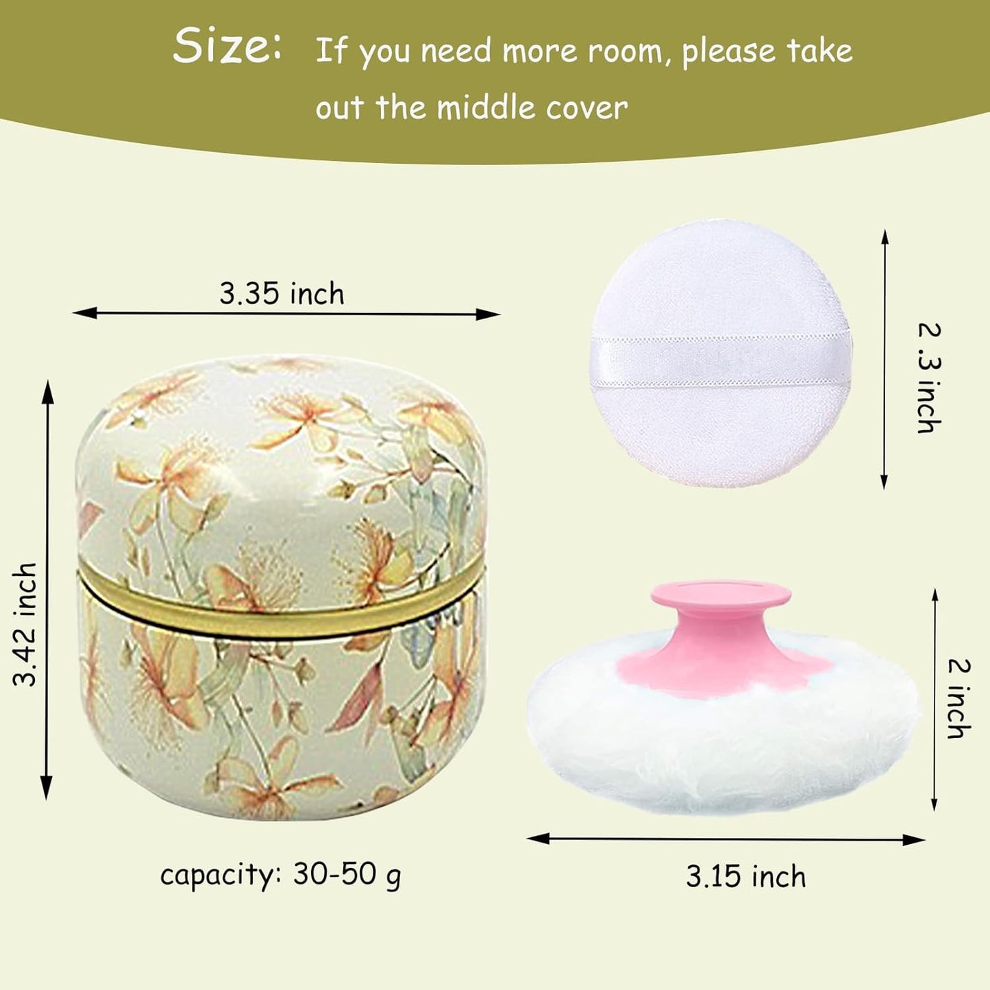 Body Powder Puff and Container for Dusting Powder, Women Powder Puff and Powder Case for Bath and Travel (Yellow Flower)