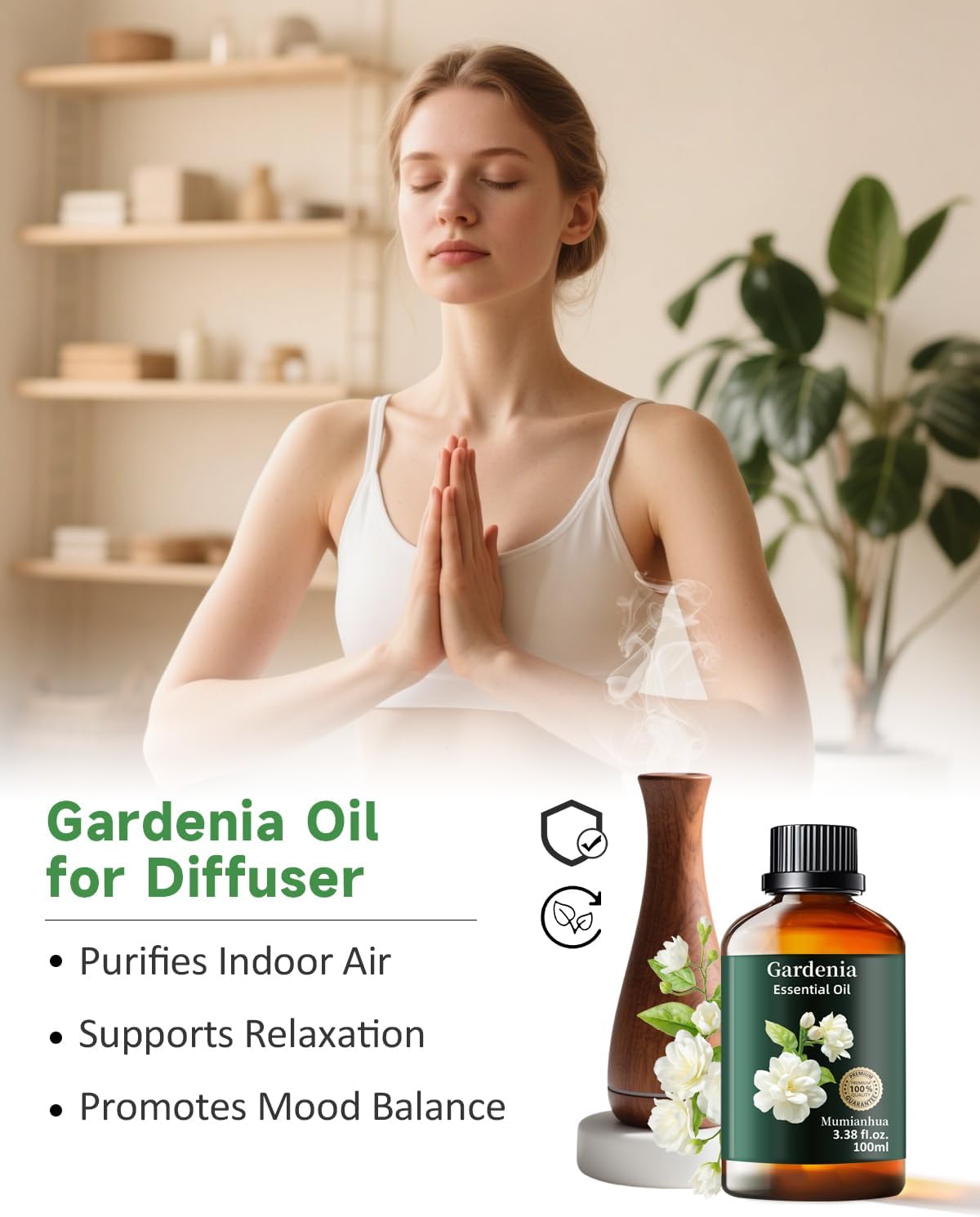 Mumianhua 100% Pure Gardenia Essential Oil Natural Gardenia Oil for Bedroom Diffuser, Laundry Boost & Women's Perfume | Therapeutic Grade for Candle Making & Skin 3.38 Fl Oz
