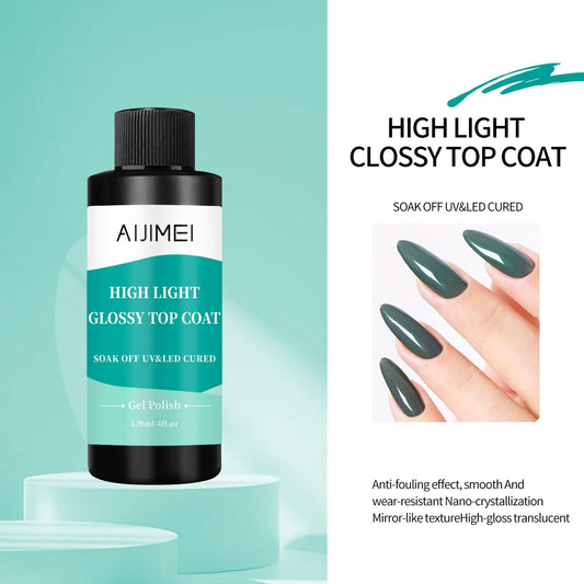 AIJIMEI 120ml High Shine Glossy Top Coat for Nails Long Lasting, Smooth TopCoat, High Light Glossy Top Coat for DIY Nail Art Use Enhance Your Manicure with Brilliant Reflection 4 Fl Oz