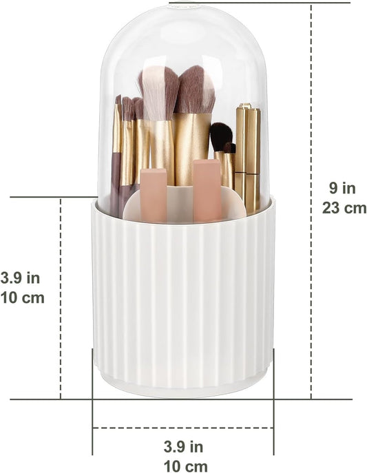 JessLab Makeup Brush Holder Organizer with Lid, 360 Degree Rotatable Makeup Brush Organizer Spinning Cosmetics Holders Brush Storage Box Display for Bathroom Vanity Countertop, White