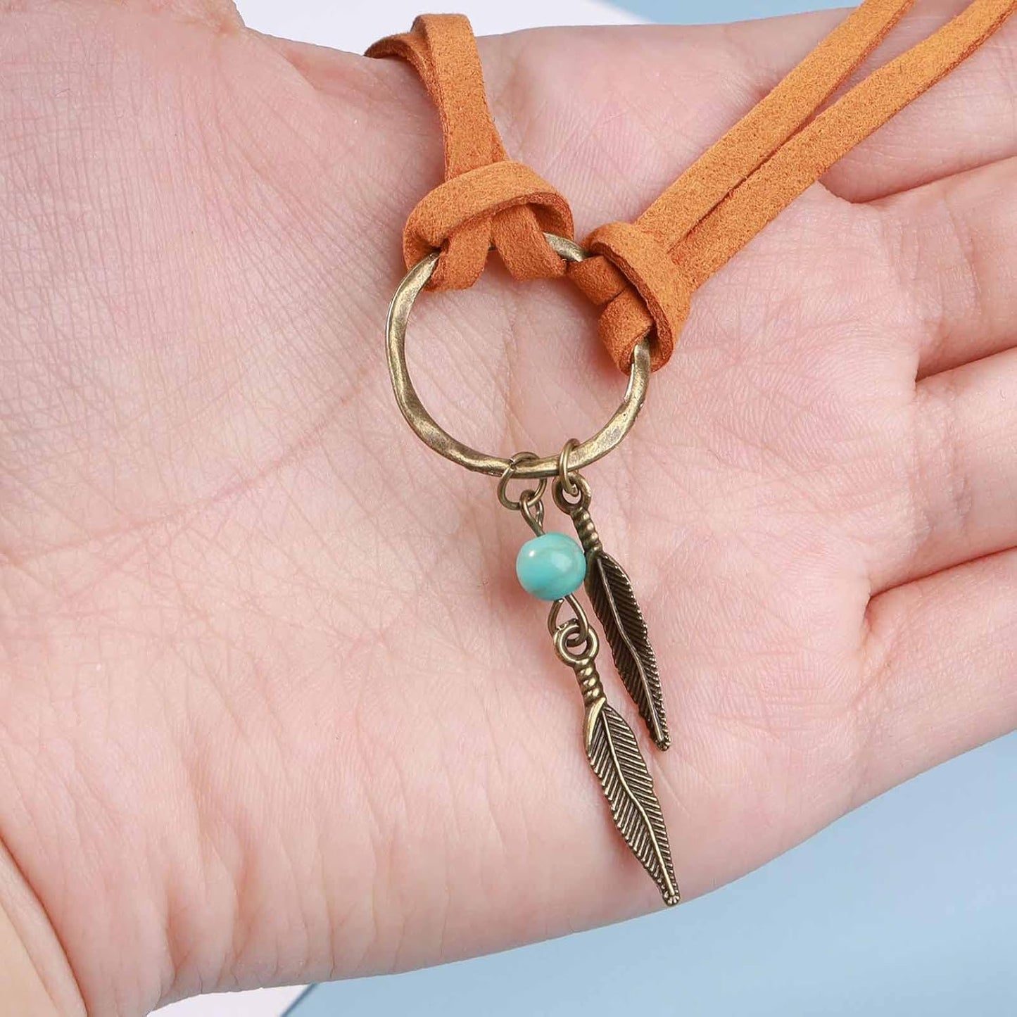 Boho Layered Suede Choker Necklace Tiny Leaf Pendant Necklace Chain Brown O Ring Leather Choker Necklace Turquoise Bead Necklace Chain Jewelry for Women and Girls