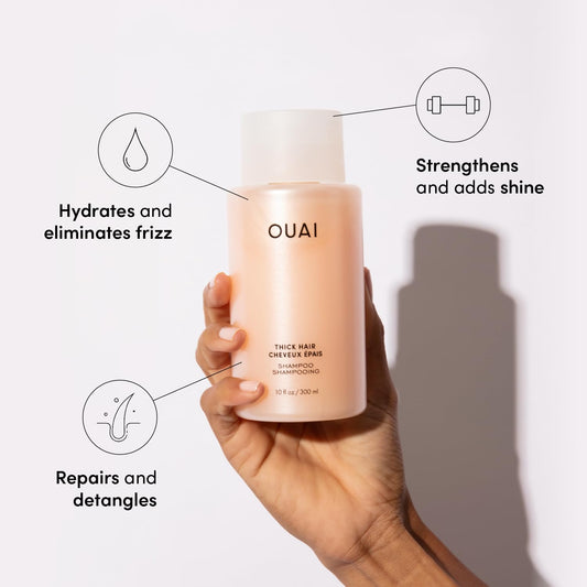 OUAI Thick Shampoo - Moisturizing Shampoo with Keratin, Marshmallow Root, Shea Butter, Avocado Oil for Thick Hair - Strengthens & Hydrates Strands - Paraben, Phthalate & Sulfate Free (10 Fl Oz)