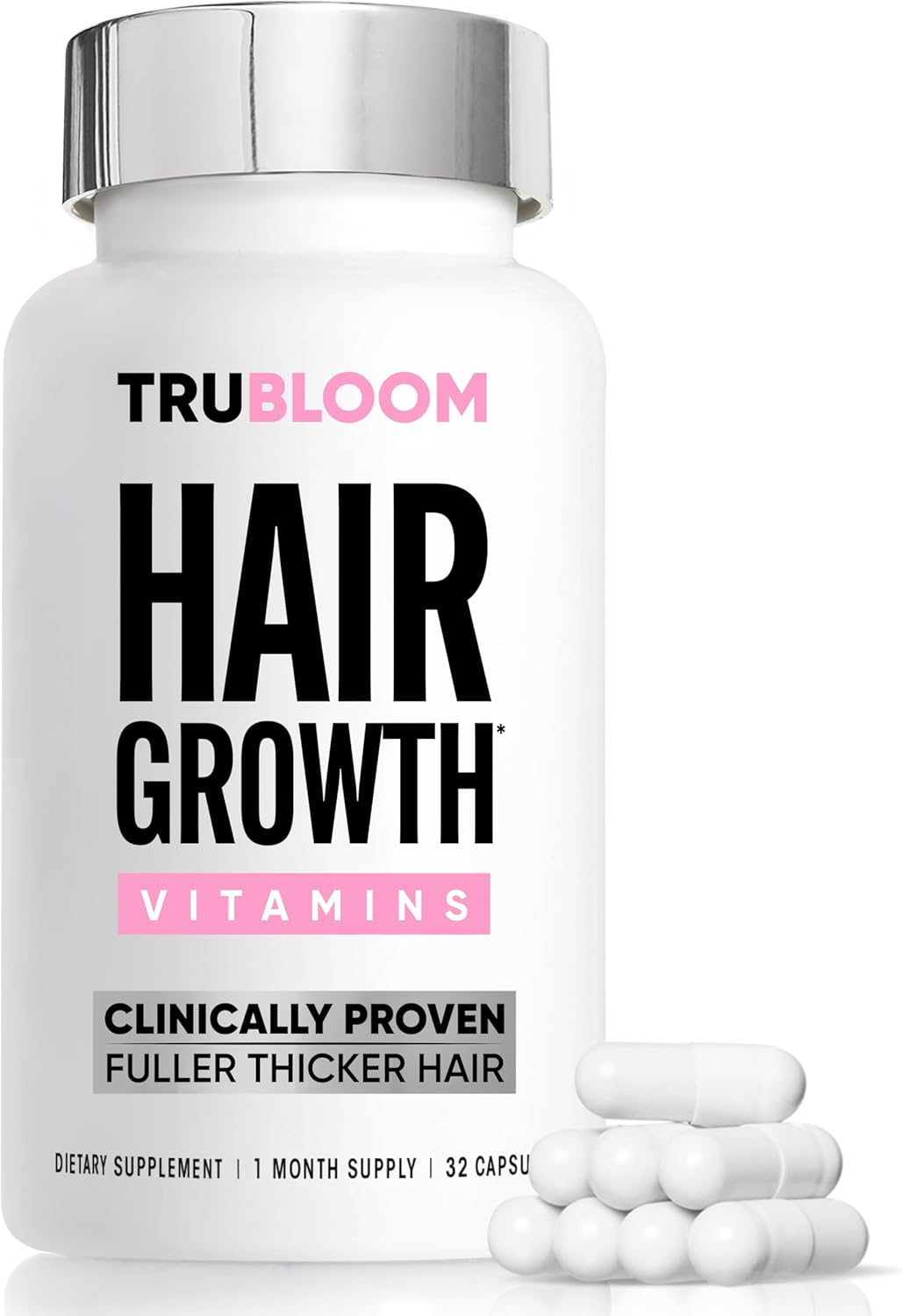 Tru Bloom Hair Growth Vitamins - 1 Month Supply. Clinically Proven to Grow Fuller, Thicker Hair. Natural & Drug-Free with Biotin, MSM, Zinc, D3 + Hair Superfoods. Non GMO