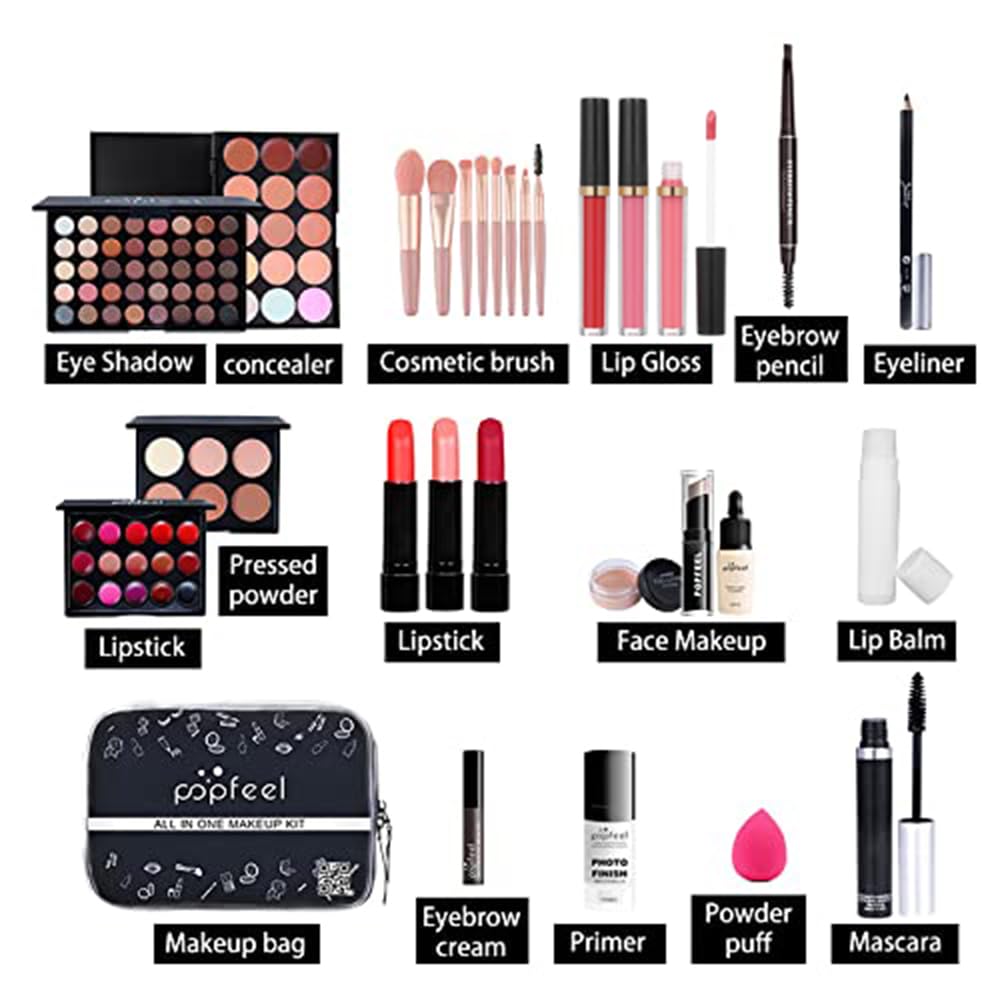 All in One Makeup Kit Makeup Kit for Women Full Kit Multipurpose Makeup Kit-Makeup Brush Set,Eyeshadow Palette,Lip Gloss Set, Makeup Bag,Eyebrow Pencil,Mascara and Face Makeup