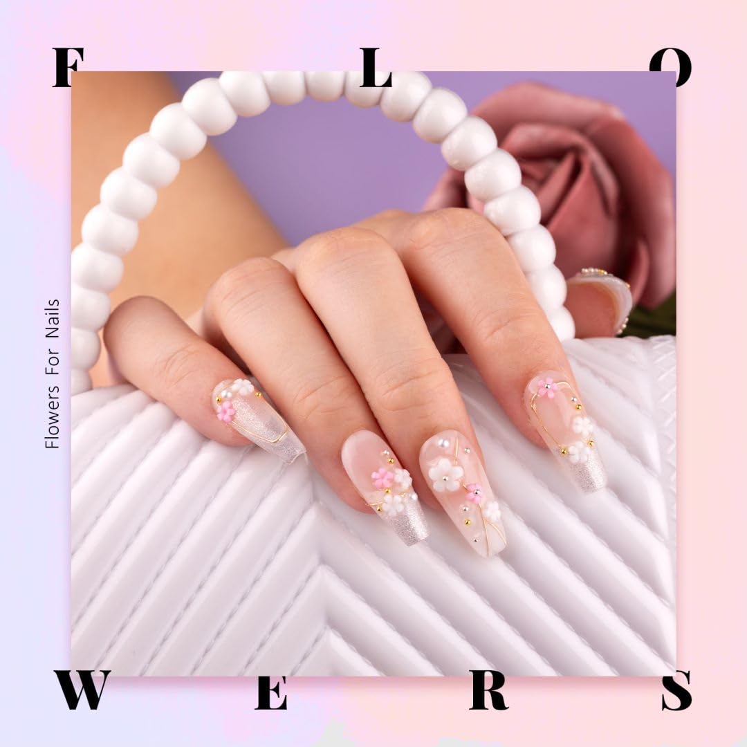 3D Flowers for Nails, Colorful Acrylic Flower Nail Charms with Caviar Beads, Flat Back Glass Crystal AB + Clear Gemstones Round Gems Rhinestones for Nails and Acrylic Nails with Dotting Tools