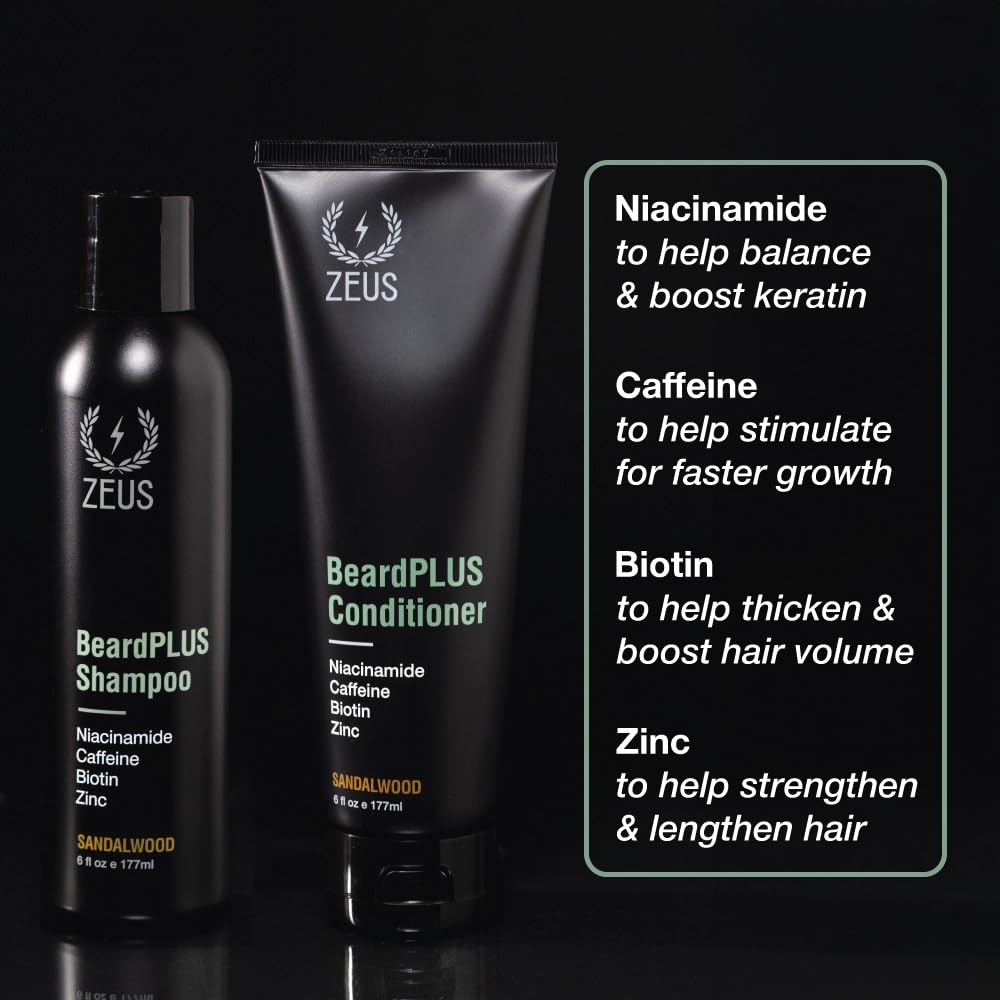 ZEUS BeardPlus Beard Shampoo & Conditioner Set for Men, Beard Growth Treatment for Hydration, Softness & Thickness with Biotin & Caffeine (Made in USA) Combo Set