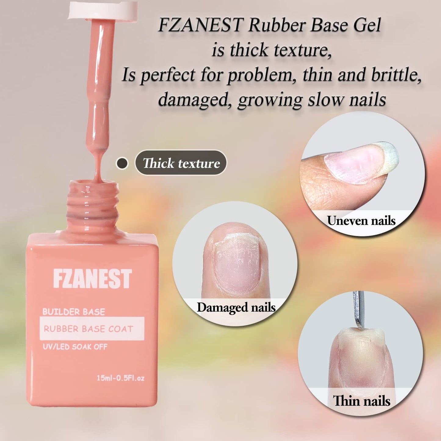 FZANEST Nude Rubber Nail Base Gel Polish, Builder Bottle Nail Strengthener Self-level Extension Fiber Gel, UV LED Base Coat