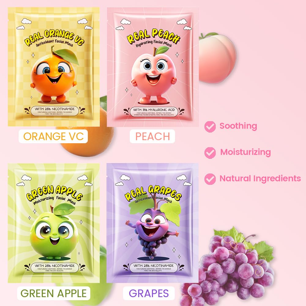12 Pack Fruit Kids Face Mask,Pink Face Masks Skincare Spa Day Kit Supplies,Spa Party Favors for Teens Girls Women,Sheet Facial Mask Skincare Gifts Set,Moisturize Soothe for All Skin Types