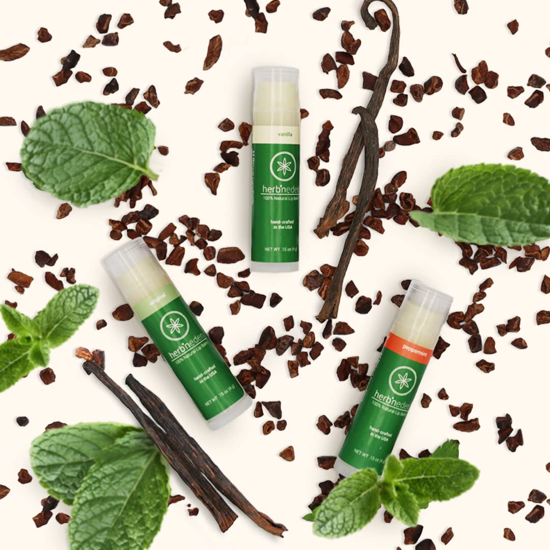 Herb’N Eden Lip Balm Variety Pack of 3 | Moisturizing and Soothing for Dry, Chapped Lips | Vanilla, Peppermint, Unscented | 100% Natural Ingredients | Essential Oils