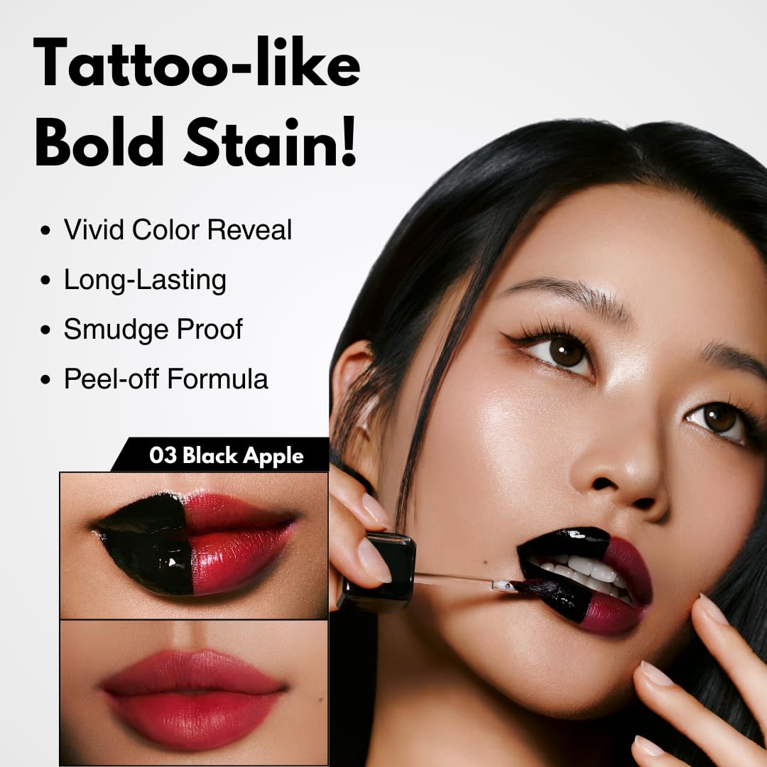 MILKTOUCH Black Peel Off Lip Tattoo - Long-Lasting Matte Lip, Waterproof & Transfer-Proof, Highly Pigmented, Stay-On-All-Day Lip Tint Stain (4.5g) #03 Black Apple