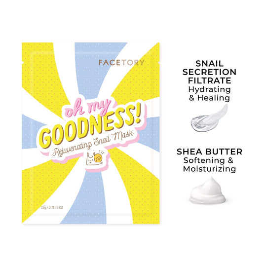 FACETORY K Beauty Face Mask Skin Care - OH MY GOODNESS REJUVENATING SNAIL Sheet Mask with Snail Essence & Hyaluronic Acid | Hydrate, Soothe, Seal in Moisture (10 Pack)