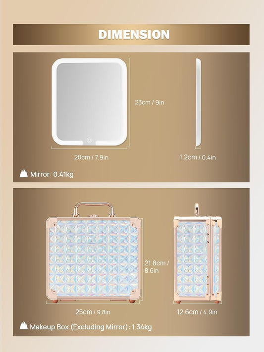 OMIRO Makeup Case, Makeup Bag with Light Up Mirror Set, Makeup Organizer Bag with Magnet Makeup Mirror for Women and Girls