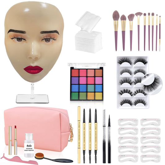 Makeup Practice Face Board, 5D Makeup Mannequin Face with Makeup Practice Kit for Makeup Artist, Beginners Face Makeup Practice, Eyelash Eyeliner Eyebrow Mapping, Come with Makeup Tools & Makeup Bag