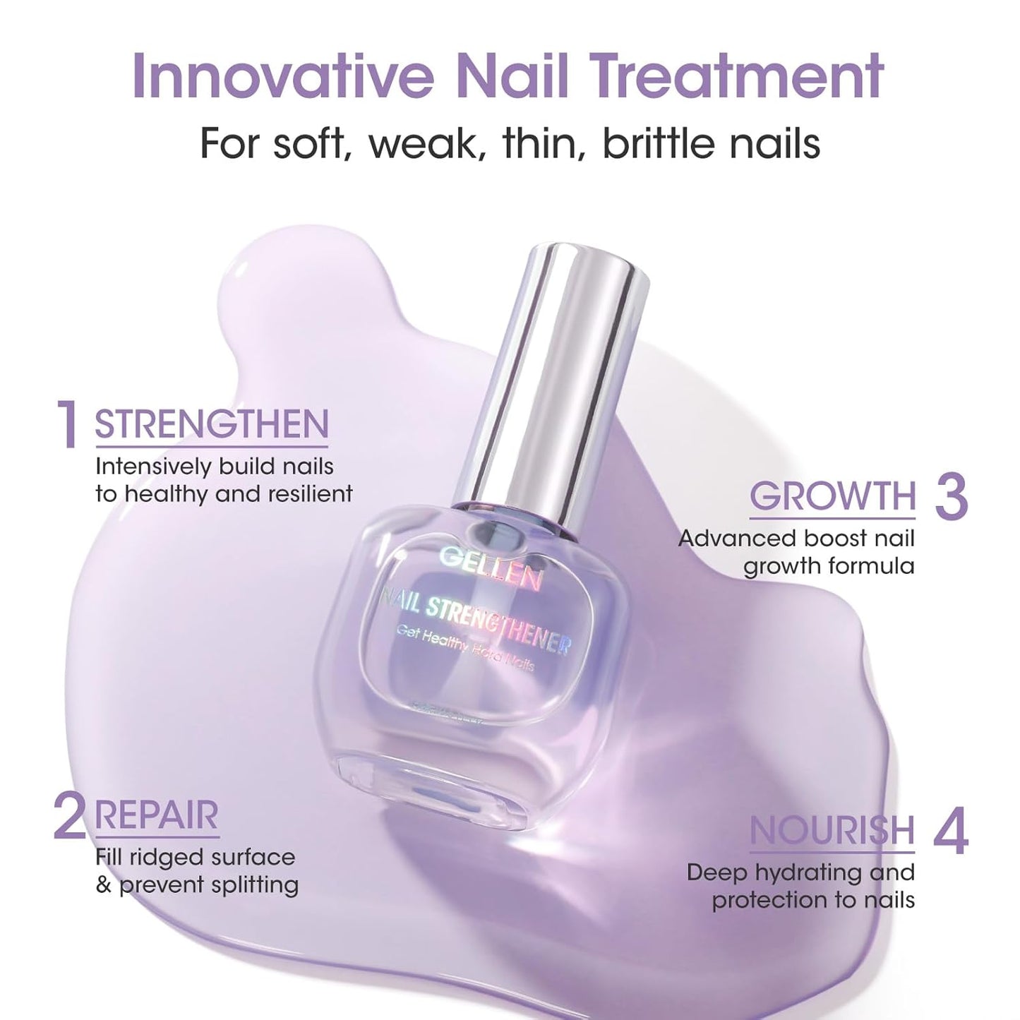 Gellen Nail Strengthener, 8-In-1 Nail Repair Growth Protein Treatment for Thin Weak Brittle Damaged Imperfect Nails, Air Dry Calcium Keratin Nourish Ridge Filler Nail Care, Lavender Scent