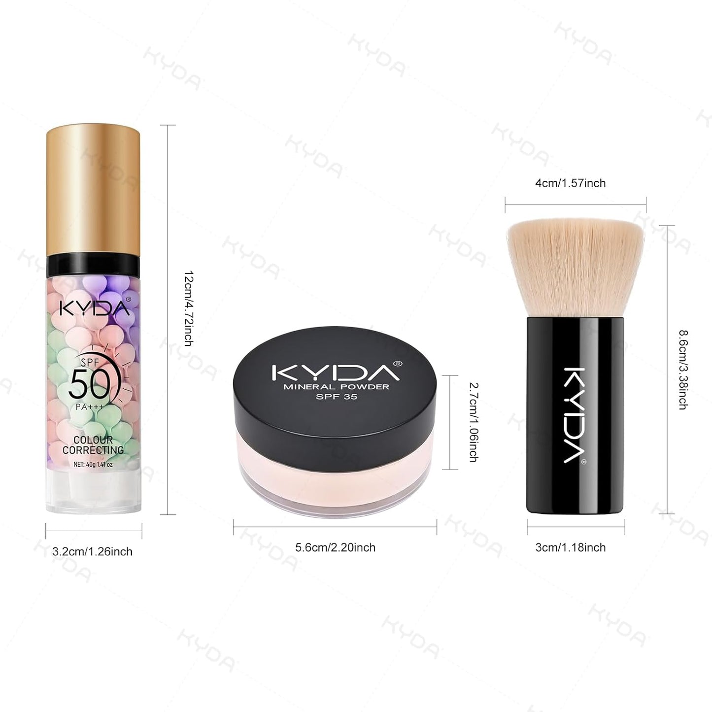 KYDA Mineral Makeup Kit, Includes SPF 50 Color Correcting Primer, SPF 35 Loose Powder Foundation + Translucent Loose Setting Powder, Foundation Brush, Makeup Starter Set, Travel Size - Fairly Medium