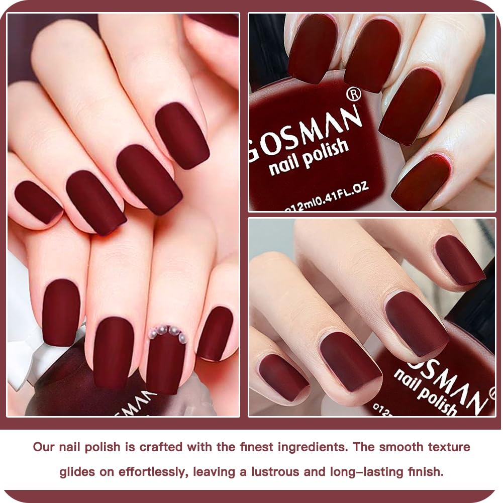 COSMOO 12ml Burgundy Matte Nail Polish, Quick Dry Nail Lacquer for Nail Art Varnish, Mist Effect Matte Finish Velvet Nail Polish, 0.41 fl oz (Burgundy, 0.41 fl oz)