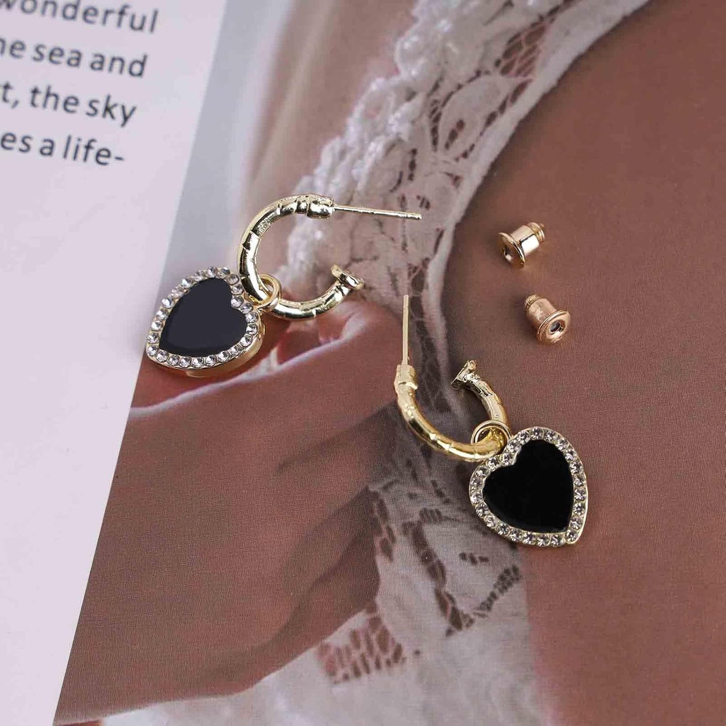 Vintage Crystal Heart Drop Earrings Black Heart Onyx Earrings Black Heart Hoop Huggie Earrings Gold Cz Love Heart Earrings Jewelry for Women