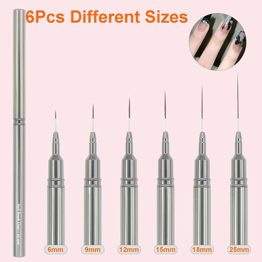 MYR 6Pcs Nail Art Liner Brushes and 2Pcs Nano Nail Files, Metal Nail Art Brushes, Nail Art Pens, Nail Art Tools, suitable for Long Lines, Thin Details, Fine Drawing Sizes 6/9/12/15/18/25mm
