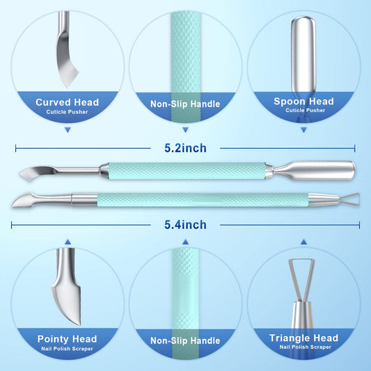 2PCS Metal Teal Cyan Cuticle Pusher and Cutter Remover Salon Stainless Steel Gel Nail Polish Peeler Scraper Durable Professional Manicure Pedicure Cleaner Tool For Fingernail and Toenail