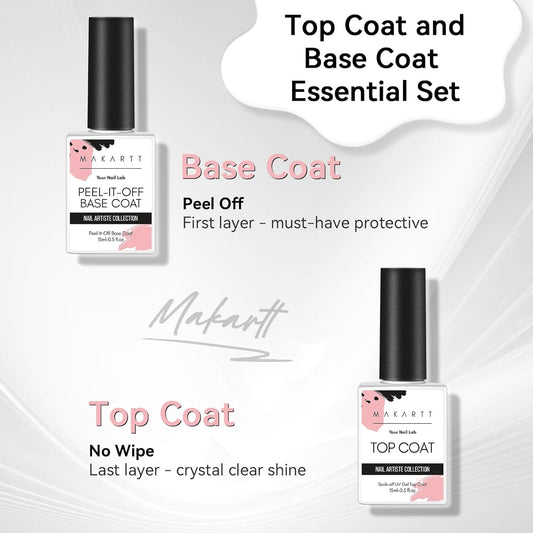 Makartt 15ml No Wipe Gel Top Coat and Peel Off Base Coat Set - 2Pcs Shine Finish Long Lasting No Filing Soak Off Clear Top Base Gel, UV LED Nail Lamp Required, for Women Nail Art DIY