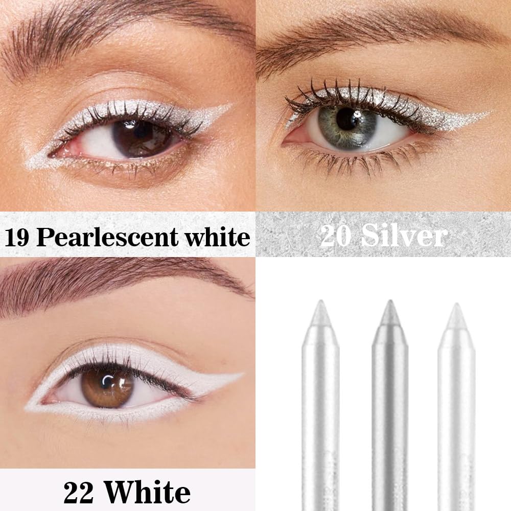 evpct 3Pcs Pearl White & Silver & White Gel Glitter Eyeliner Pencils Set for Women Waterproof Smudge Proof lapiz de ojos delineador de ojos contra el agua Eye Liner Makeup 19 20 22