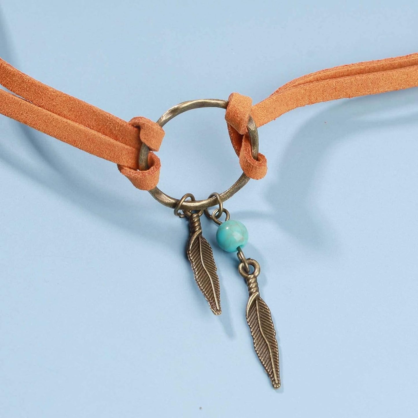 Boho Layered Suede Choker Necklace Tiny Leaf Pendant Necklace Chain Brown O Ring Leather Choker Necklace Turquoise Bead Necklace Chain Jewelry for Women and Girls