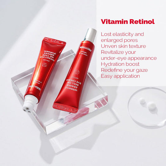 PS.PRETTYSKIN Roll On Eye Cream with Vitamin A and Stainless Steel ball Tip- Under Eye Roller Cream for Elasticity Wrinkles Puffiness Fine Lines-Korean eye cream 30ml/1.01fl.oz. (Retinol)