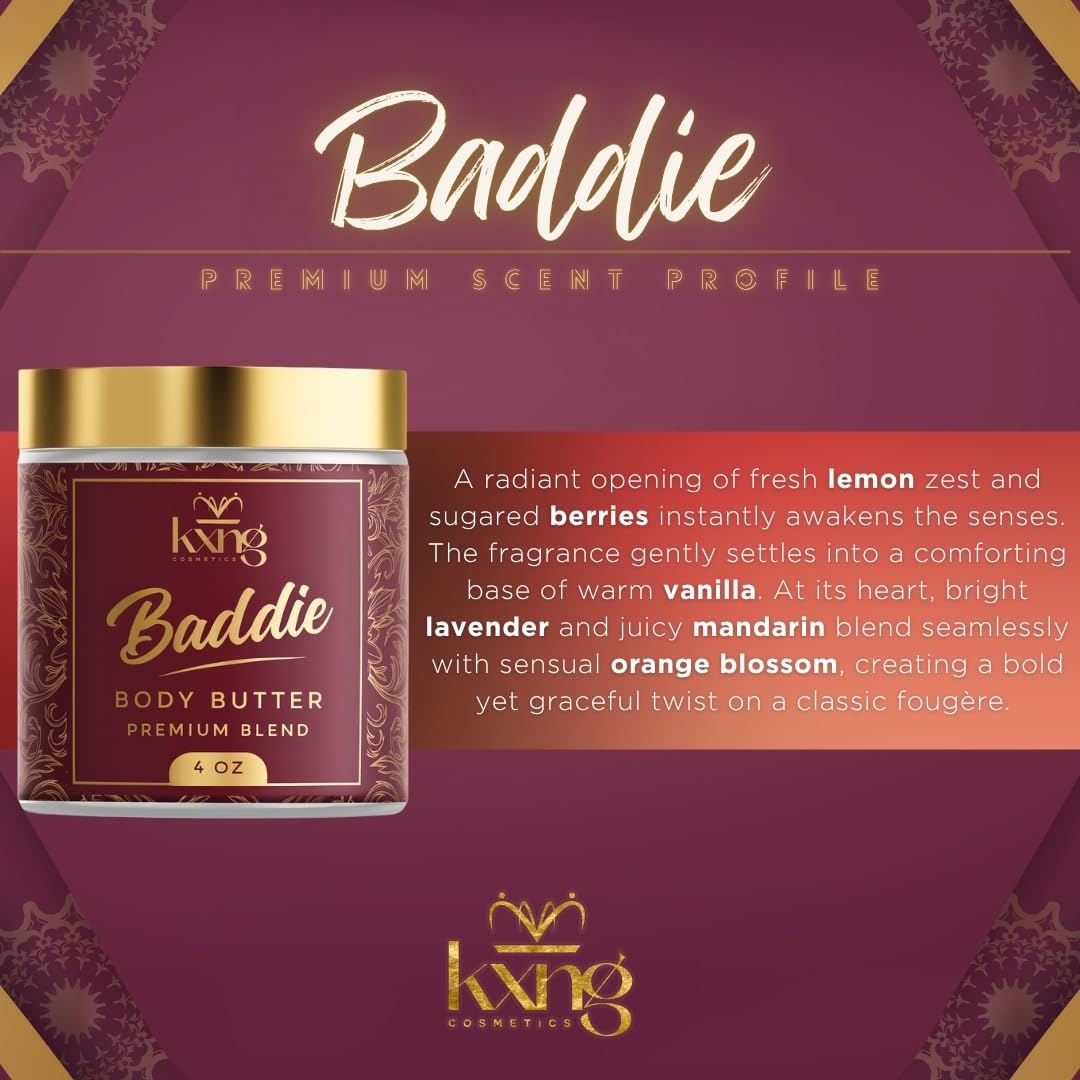 KXNG Cosmetics, Body Butter, Organic Skin Care for Men and Women, Body Moisturizer Lotions and Creams, Raw Shea Butter, Cocoa Butter, Mango, Coconut Oil, Hand, Foot, All Skin Types (Baddie)