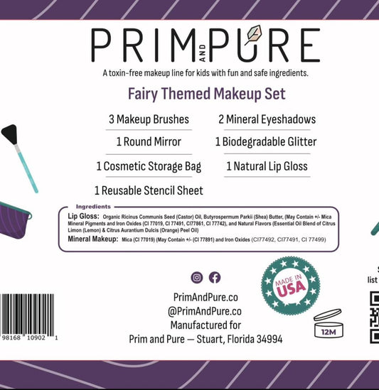 Prim and Pure Kids Makeup Gift Set - Stencil, Makeup Eyeshadow Bioglitter Lip Gloss and Cosmetic Bag Mirror Makeup Brush Accessories (Fairy Purple)